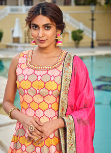 Yellow multicoloured embroidery and printed Dola silk gown