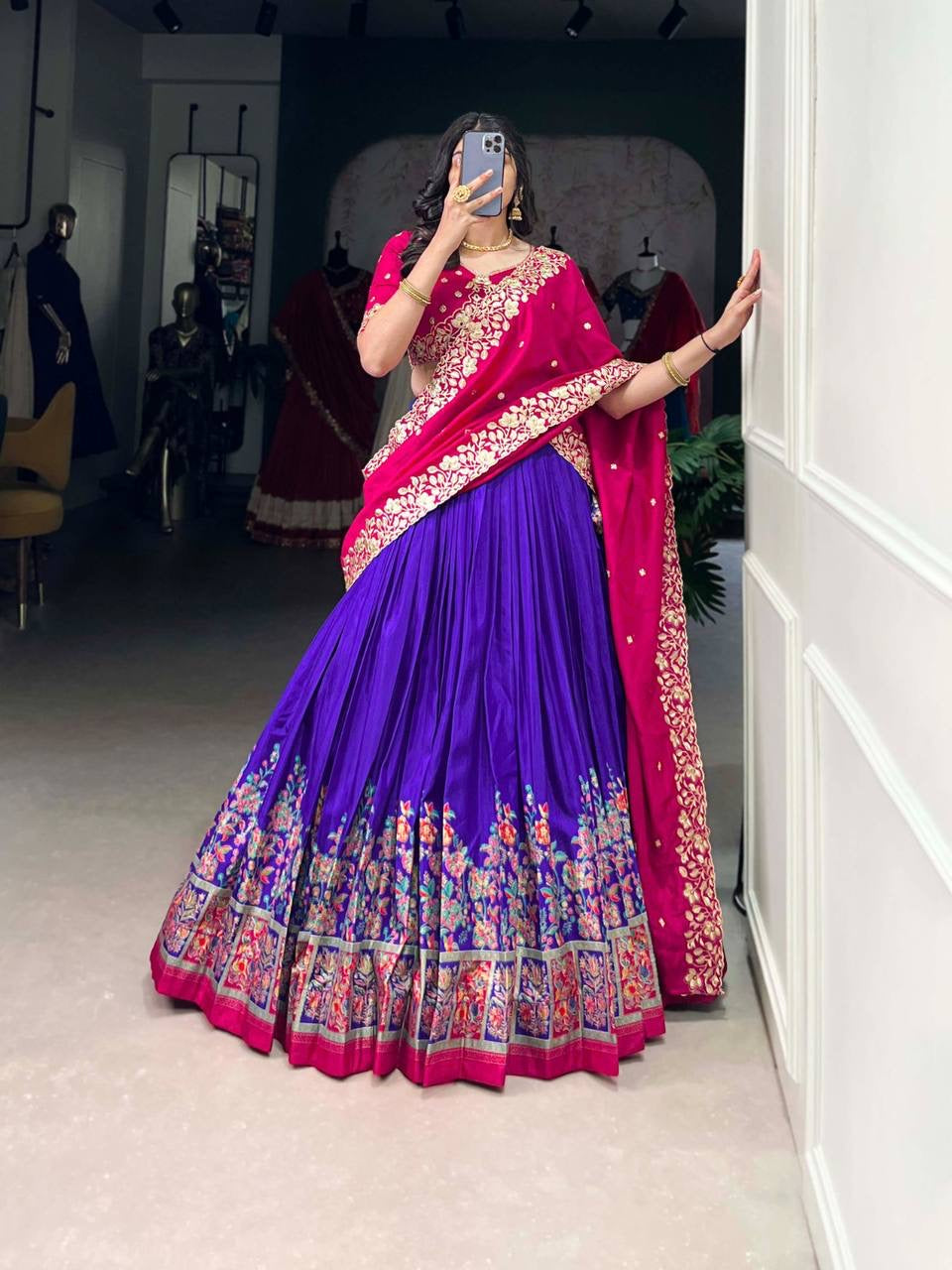 Tussar silk traditional Lehenga multi floral border in royal blue (skirt stitched)