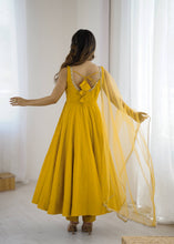 Roman chanderi silk anarkali set in yellow (sleeves available)