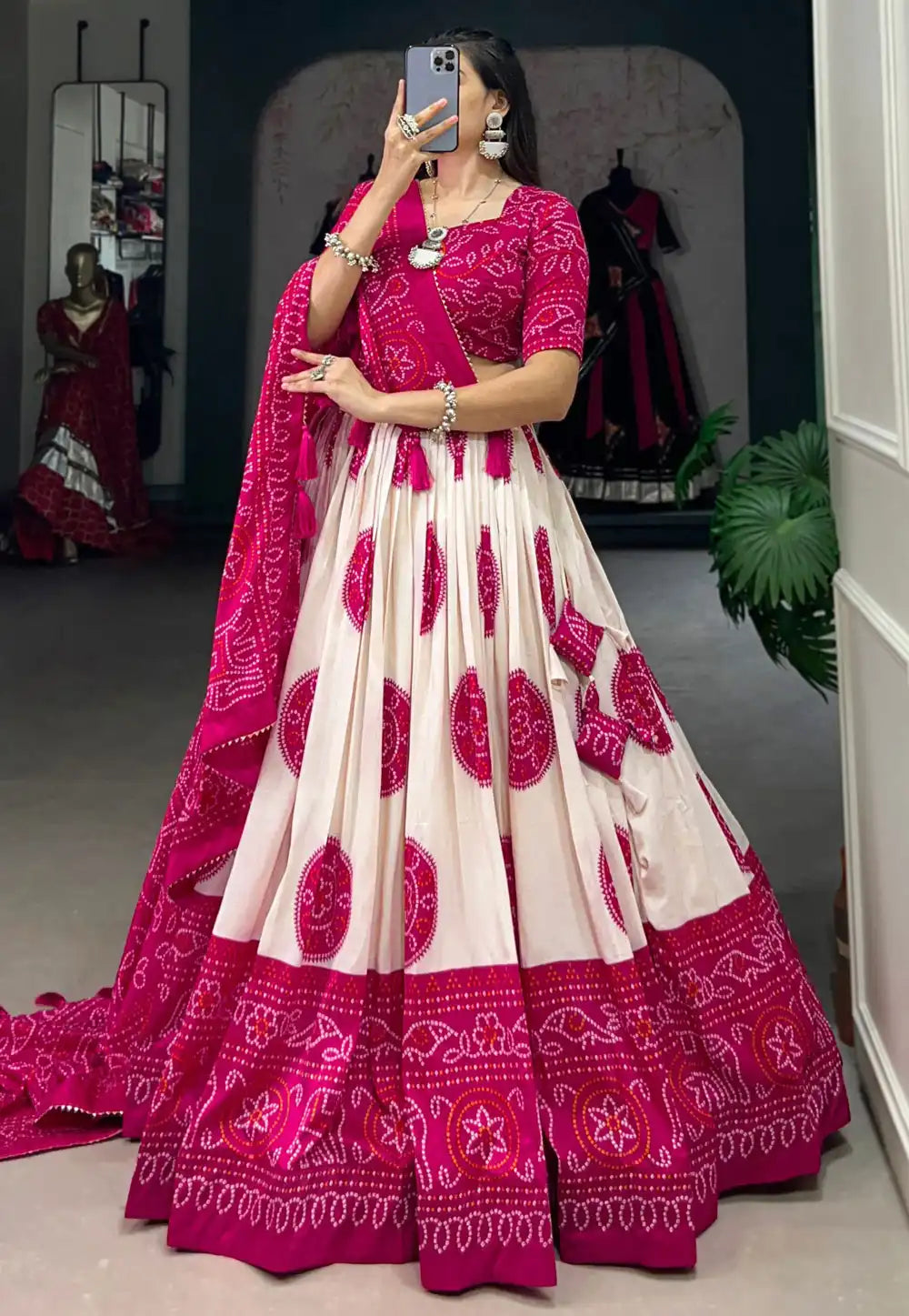 Tussar silk Lehenga bandhej print in pink