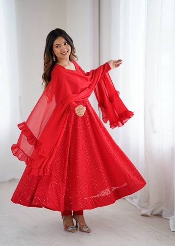 Red Kali pattern sequinned anarkali