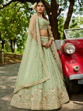 Pista green and gold chinnon embroidered Lehenga