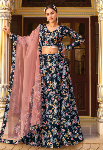 Blue silk floral Lehenga