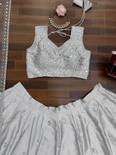 Silver satin silk thread work sequins Lehenga