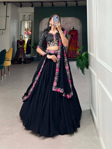 Black lover lehenga - plain skirt and sequinned top (skirt stitched)