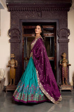 Tussar silk traditional Lehenga multi floral border in firozi (skirt stitched)