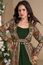 Dark green gown with multicoloured jacket and belt