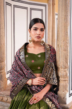 Tussar silk and ajrakh print Lehenga in green