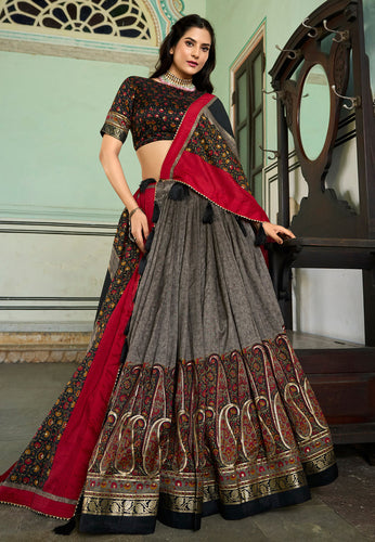 Tussar silk Lehenga with keri design in grey