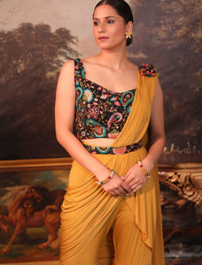 Mustard palazzo saree with Keri design blouse