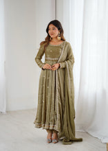 Olive gold anarkali in fendi silk