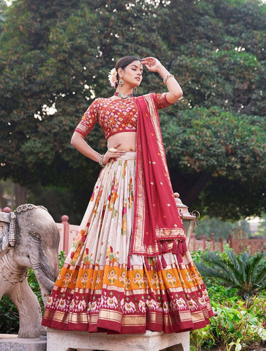 Tussar silk floral and patola print Lehenga in red