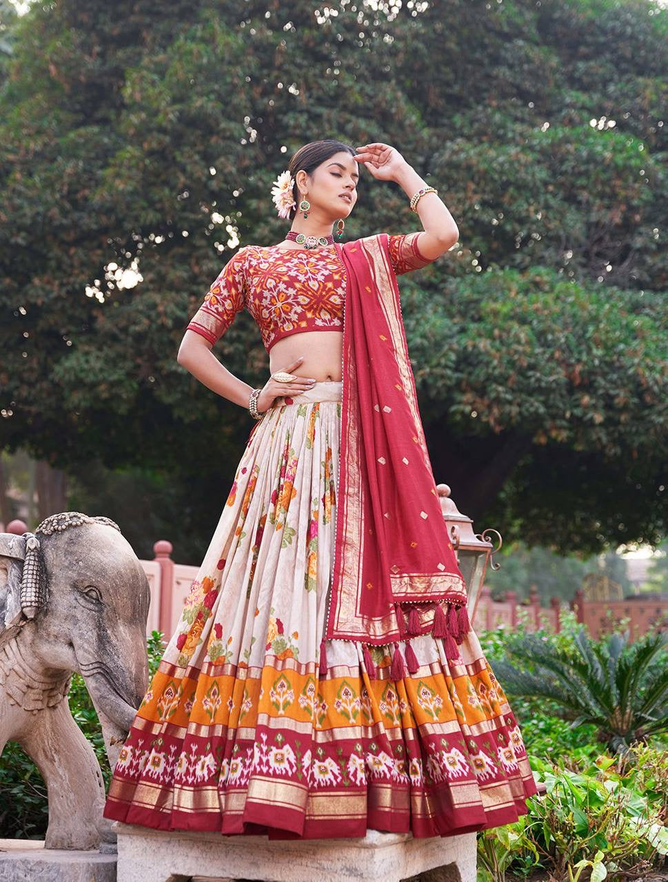 Tussar silk floral and patola print Lehenga in red