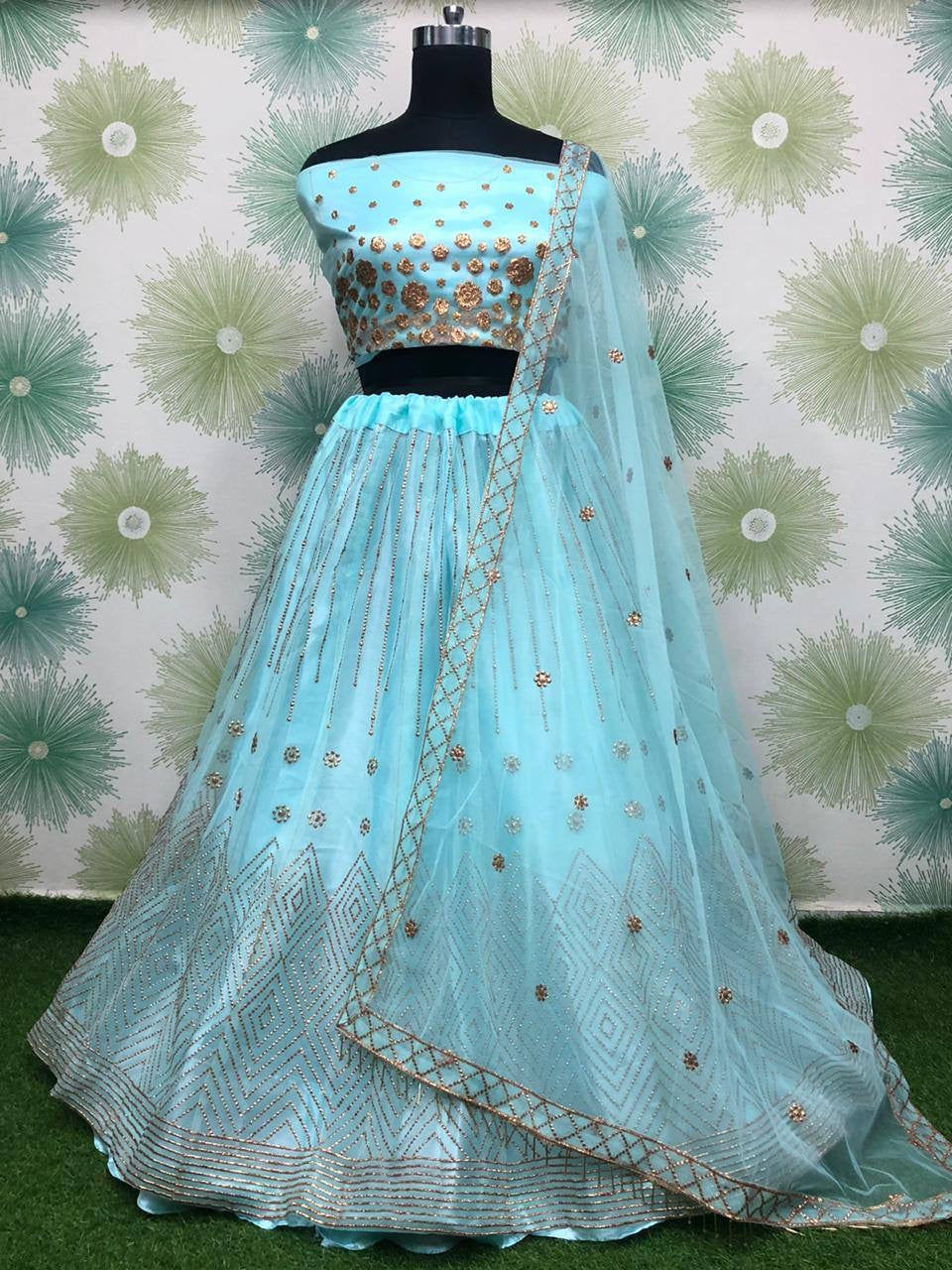 Sky blue and gold badala work Lehenga