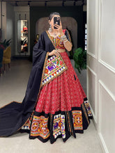 Red printed gamthi work cotton readymade Lehenga