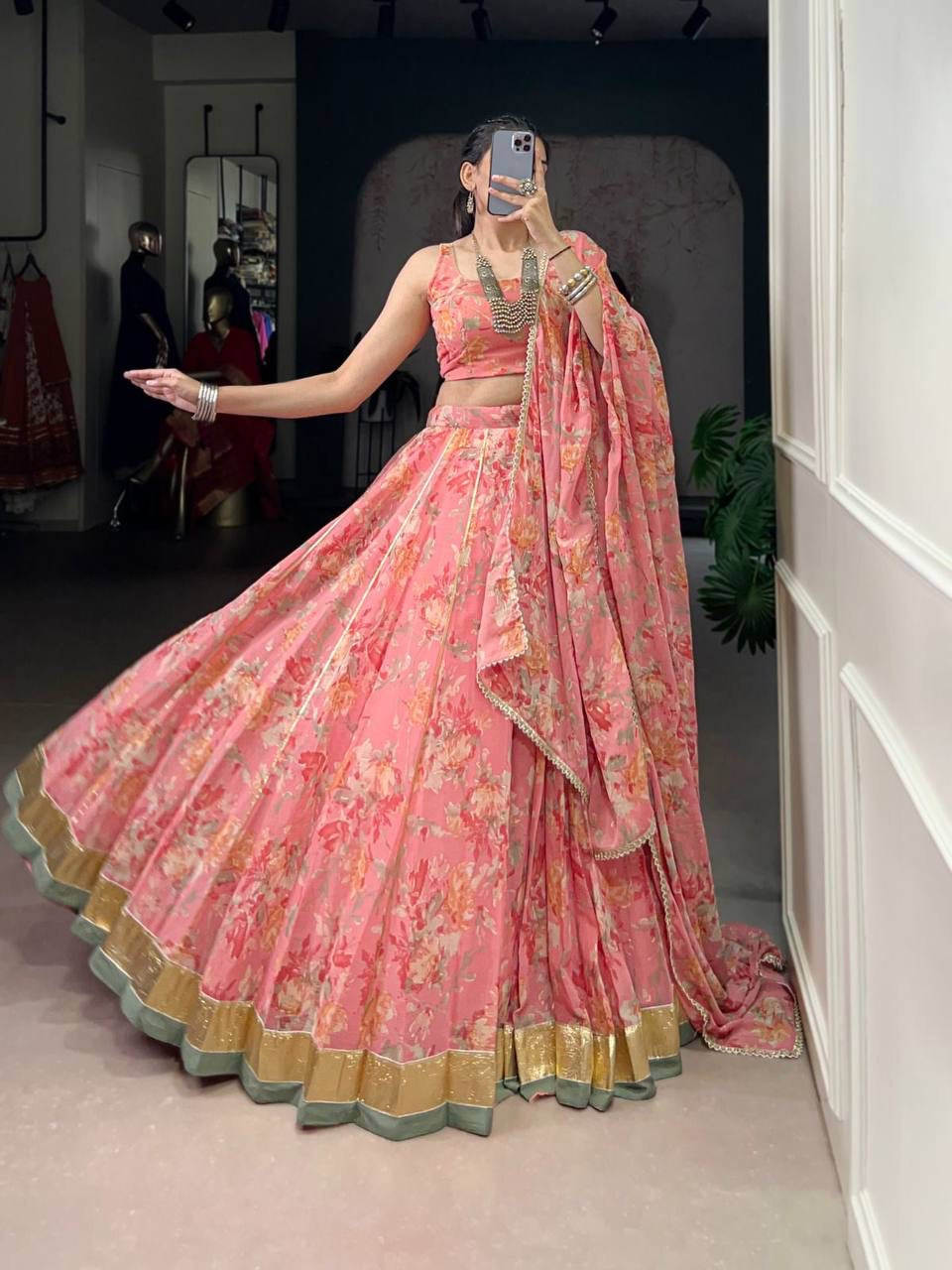 Chiffon florals readymade Lehenga in peach