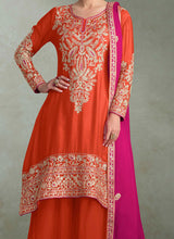 Orange and pink chinon embroidered palazzo suit