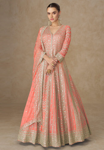 Peach chinon silk embroidered anarkali