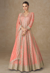 Peach chinon silk embroidered anarkali