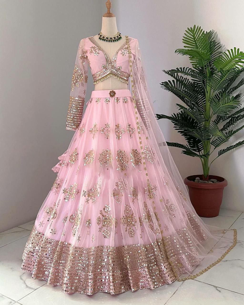 Baby pink and gold motifs butterfly net Lehenga