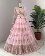 Baby pink and gold motifs butterfly net Lehenga