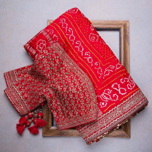 Red printed bandhani saree