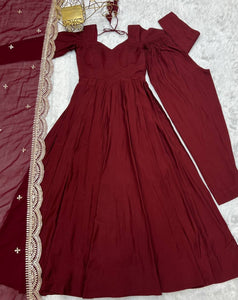 Maroon Roman silk anarkali set readymade