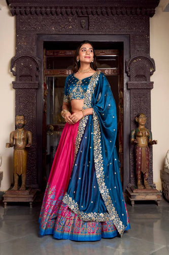 Tussar silk traditional Lehenga multi floral border in pink (skirt stitched)