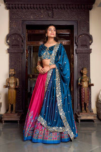 Tussar silk traditional Lehenga multi floral border in pink (skirt stitched)