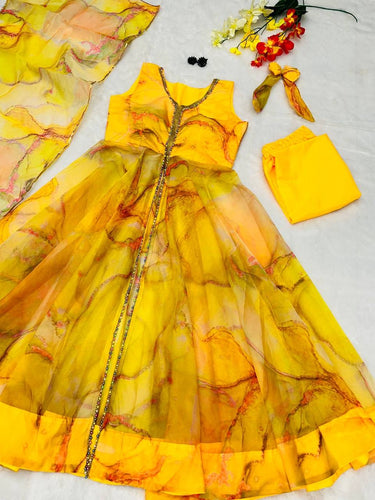 Abstract front slit with pants anarkali in yellow - readymade