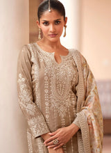 Beige silk floral salwaar kameez suit