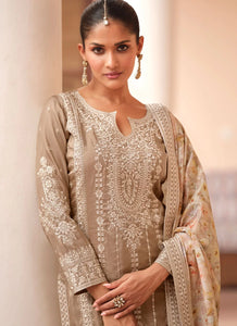 Beige silk floral salwaar kameez suit