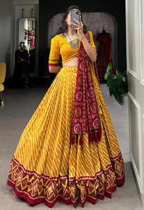 Tussar silk bandhej and Leheriya print in mustard (skirt stitched)