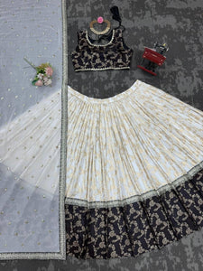 Black and off white jacquard Lehenga