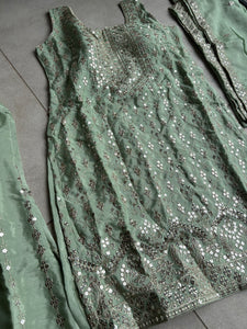Pastel collection - mint green chine sequins mirror look embroidered sharara set