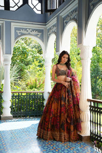 Floral shaded organza silk lehenga in brown