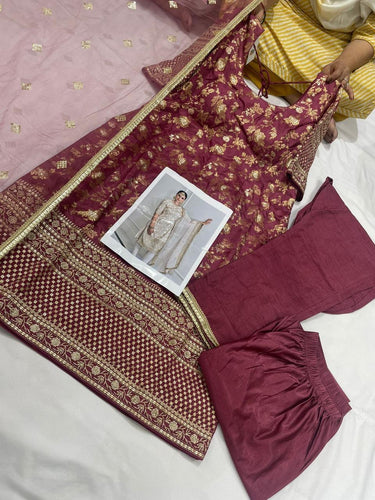 Magenta and gold brocade suit with 2 options for pants