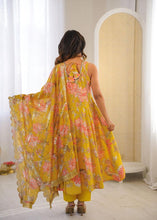 Yellow floral print kali cut anarkali suit