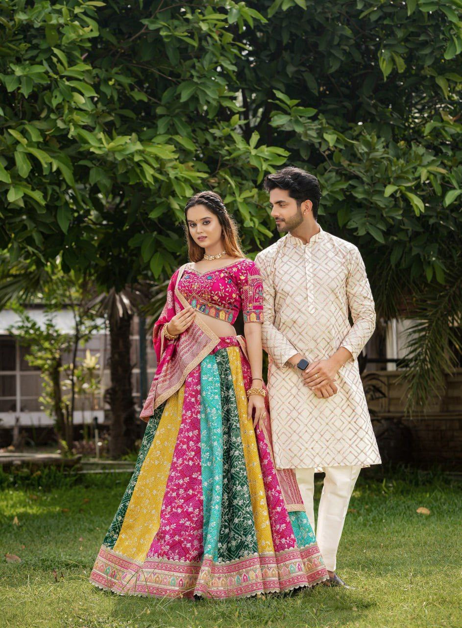 Raja rani traditional bandhani print pink readymade Lehenga (matching men’s kurta available)