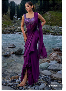 Ready to wear cocktail saree in deep purple with belt