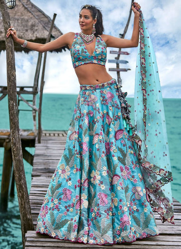 Turquoise blue embroidered Lehenga