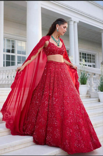 Red vichitra silk embellished Lehenga