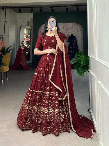 Maroon georgette sequins and threadwork lehenga