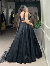 Black satin pearl coding lehenga (skirt stitched)