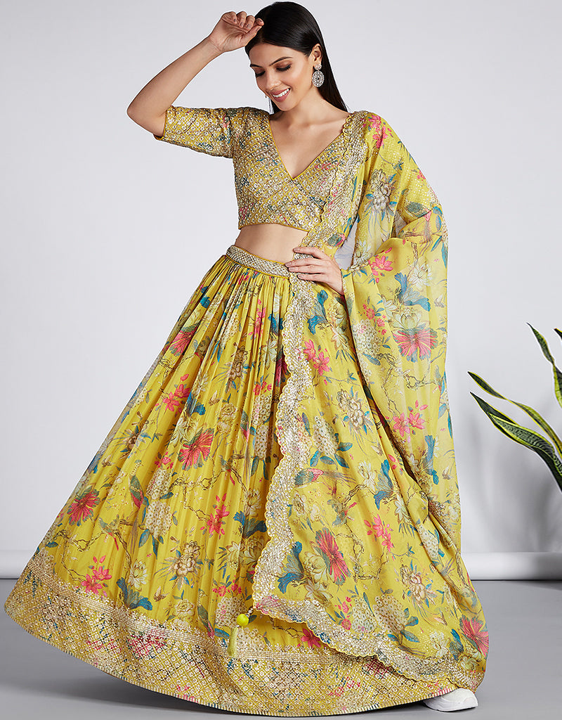 Mustard yellow organza digital printed lehenga