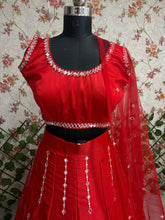 Red mirror work satin silk lehenga