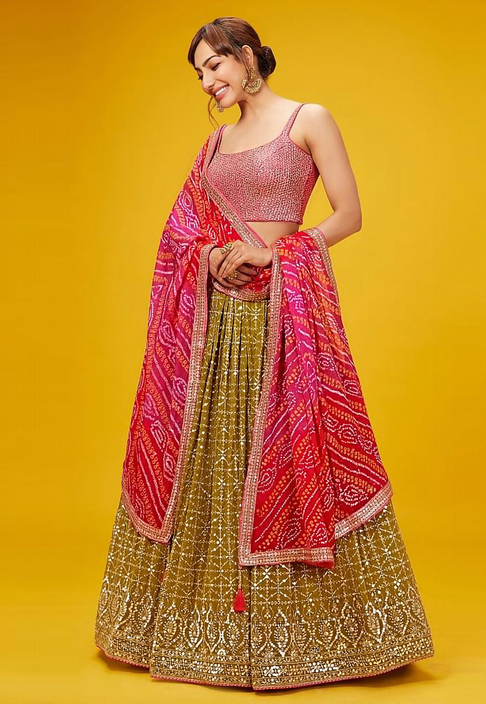 Karla collection - olive green and pink bandhani Lehenga
