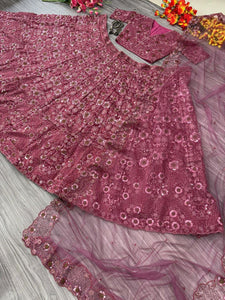 Pink embellished chinon silk Lehenga