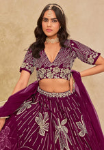 Purple sequins leaf embroidered silk Lehenga