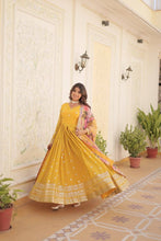 Georgette yellow gown with floral dupatta